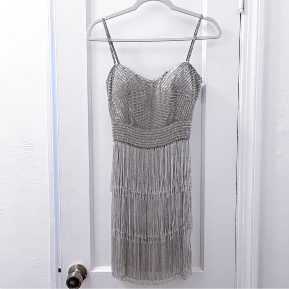 Alyce Paris Silver Fringe Mini Dress - Picture 1 of 10